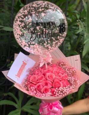 Arreglo buchon rosado con globo personalizado